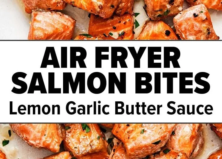 Crispy air fryer salmon bites served on a plate with dipping sauce