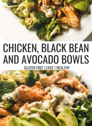Healthy black bean, avocado, and chicken bowls with fresh ingredients