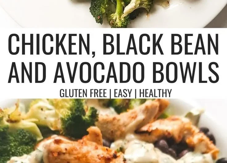 Healthy black bean, avocado, and chicken bowls with fresh ingredients