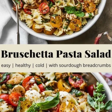Bruschetta Pasta Salad with mini mozzarella balls, tomatoes, and basil