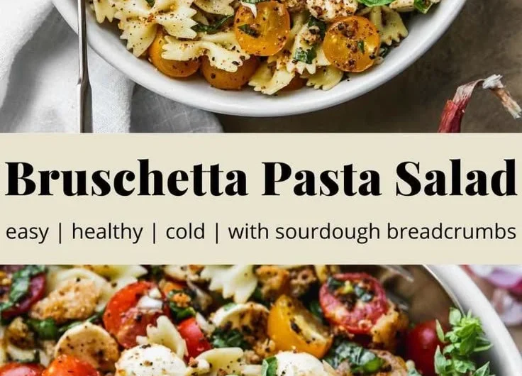 Bruschetta Pasta Salad with mini mozzarella balls, tomatoes, and basil