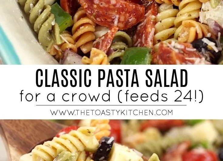 A colorful classic pasta salad made with fresh vegetables and dressing.