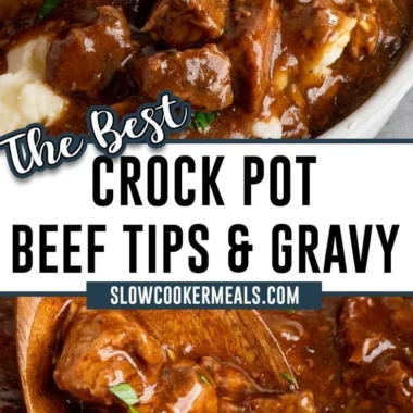 Delicious crock pot beef tips in gravy served on a plate