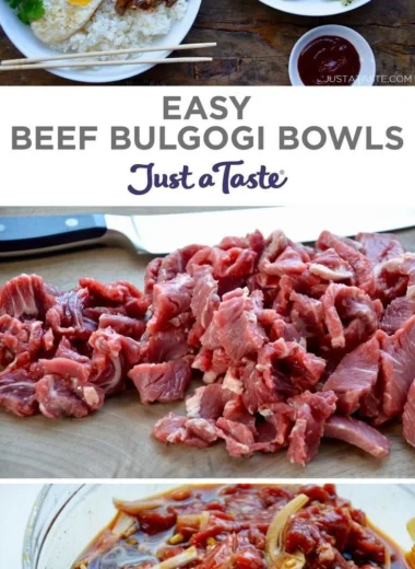 Delicious easy beef bulgogi bowls garnished with vegetables and rice.