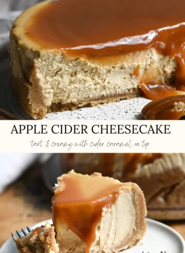 Slice of fall apple cider cheesecake topped with caramel drizzle and apple slices