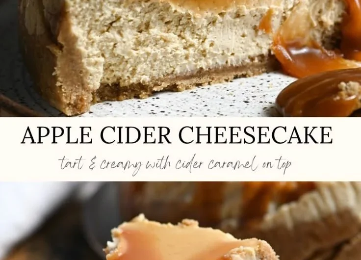Slice of fall apple cider cheesecake topped with caramel drizzle and apple slices