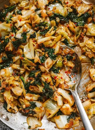 Garlic sautéed cabbage and kale skillet served in a frying pan