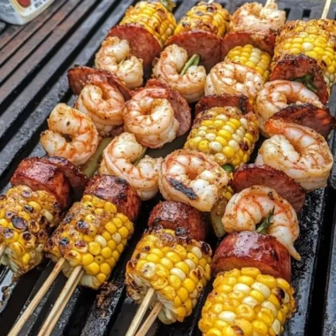 Delicious grilled seafood skewers with shrimp and vegetables on a platter