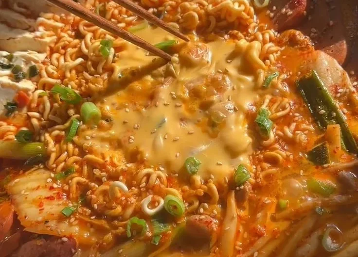 Bowl of Korean Army Stew with vegetables and sausages