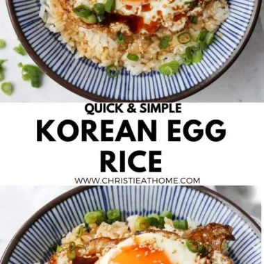Bowl of Korean Egg Rice topped with a perfectly cooked egg and green onions