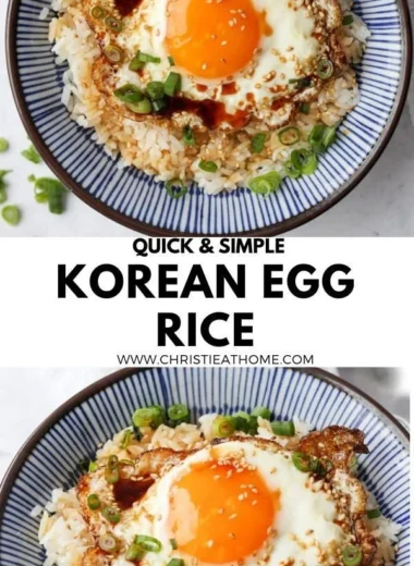 Bowl of Korean Egg Rice topped with a perfectly cooked egg and green onions