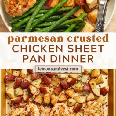 Parmesan Crusted Chicken Sheet Pan Dinner served with vegetables