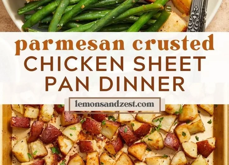 Parmesan Crusted Chicken Sheet Pan Dinner served with vegetables