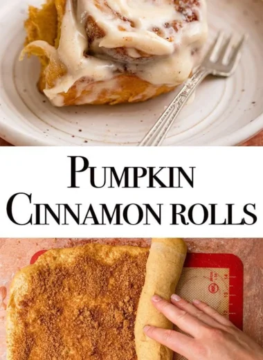 Freshly baked pumpkin cinnamon rolls topped with cream cheese frosting.