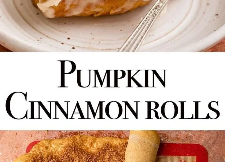 Freshly baked pumpkin cinnamon rolls topped with cream cheese frosting.