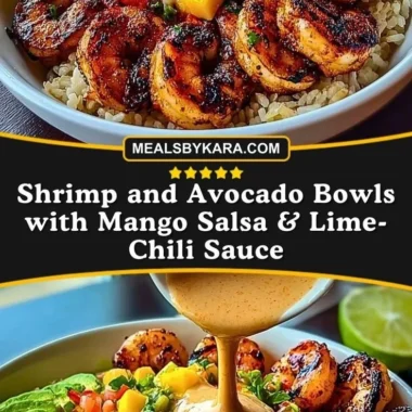 Shrimp avocado bowl with mango salsa and lime-chili sauce served in a dish