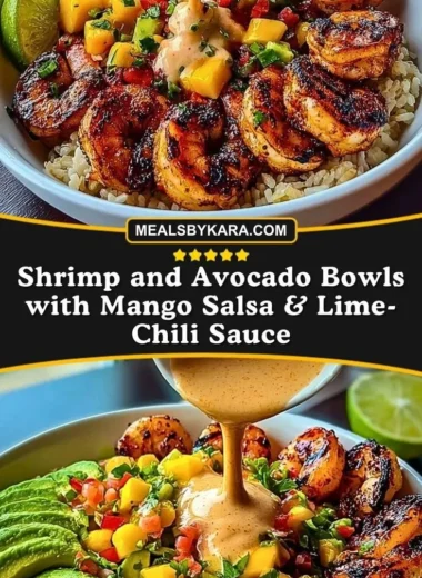 Shrimp avocado bowl with mango salsa and lime-chili sauce served in a dish