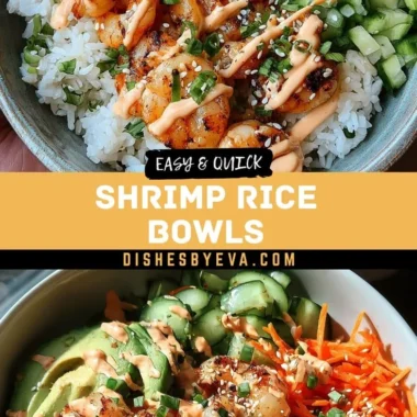 Shrimp rice bowls topped with spicy mayo, garnished with vegetables.
