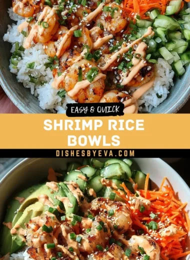 Shrimp rice bowls topped with spicy mayo, garnished with vegetables.