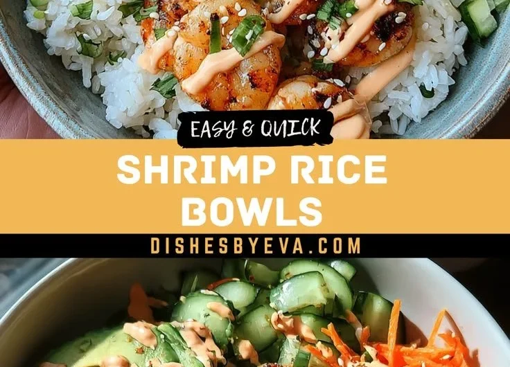 Shrimp rice bowls topped with spicy mayo, garnished with vegetables.