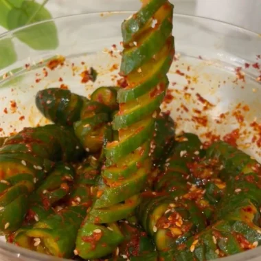 Spiral cucumber salad featuring Korean-inspired ingredients