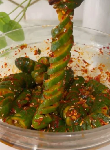 Spiral cucumber salad featuring Korean-inspired ingredients
