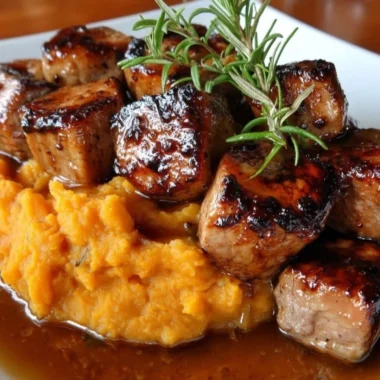 Apple Cider Pork served with mashed sweet potatoes on a plate