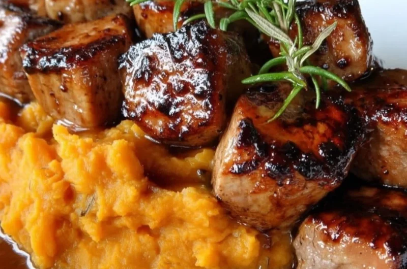 Apple Cider Pork served with mashed sweet potatoes on a plate