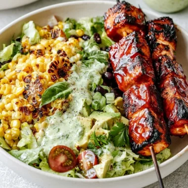 BBQ Chicken Skewer Salad served with Whole30 Herby Ranch dressing