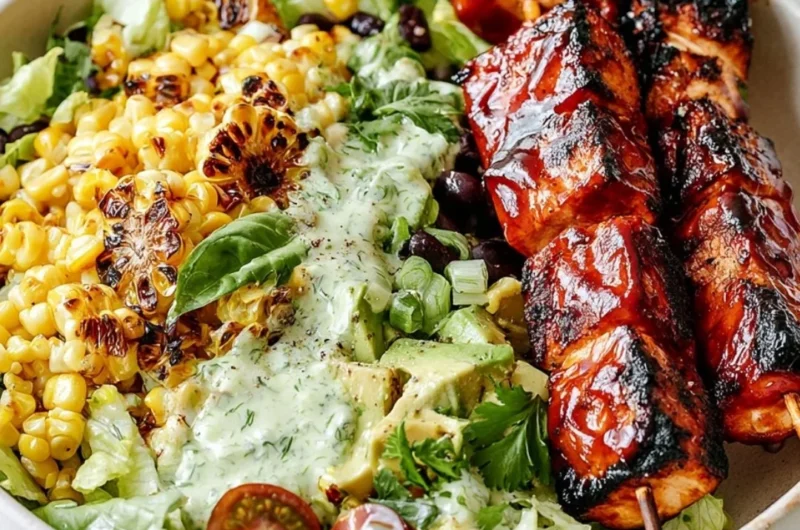 BBQ Chicken Skewer Salad served with Whole30 Herby Ranch dressing