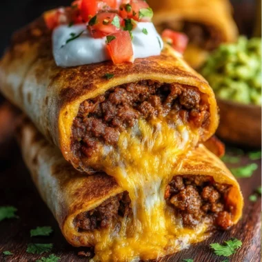Delicious beef and cheese chimichangas plated and ready to serve.