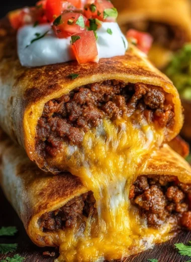 Delicious beef and cheese chimichangas plated and ready to serve.