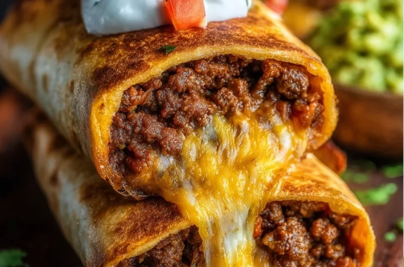 Delicious beef and cheese chimichangas plated and ready to serve.