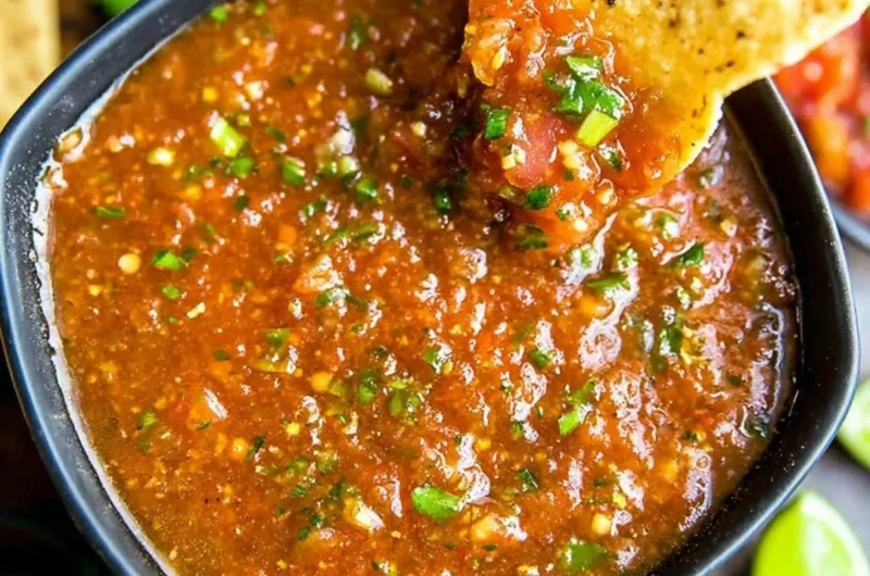 Freshly blended salsa made in a blender, featuring vibrant tomatoes and herbs.