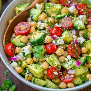 Colorful chickpea salad with fresh vegetables and herbs in a bowl
