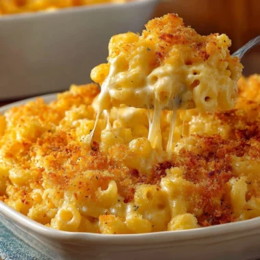 Creamy baked macaroni and cheese topped with golden breadcrumbs