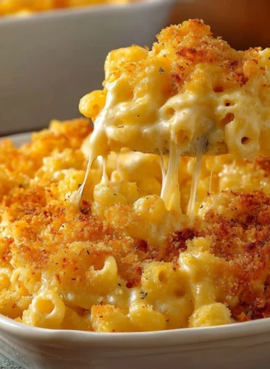 Creamy baked macaroni and cheese topped with golden breadcrumbs