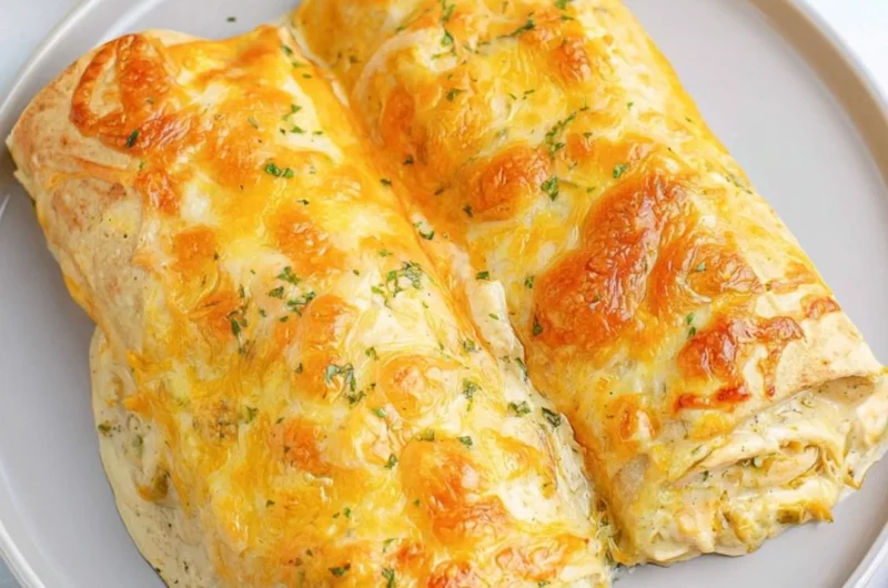 Delicious creamy white chicken enchiladas topped with cheese and herbs