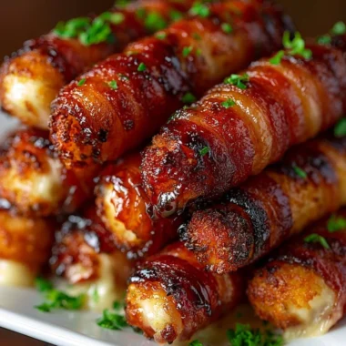 Crispy bacon-wrapped mozzarella sticks arranged on a platter