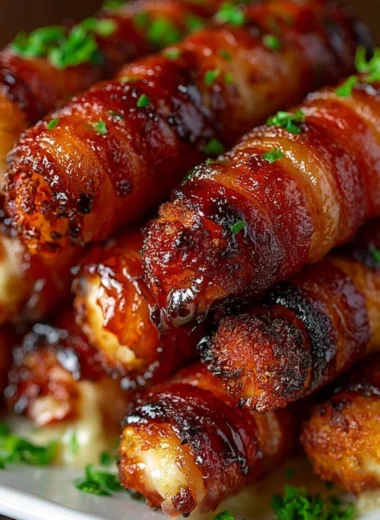 Crispy bacon-wrapped mozzarella sticks arranged on a platter