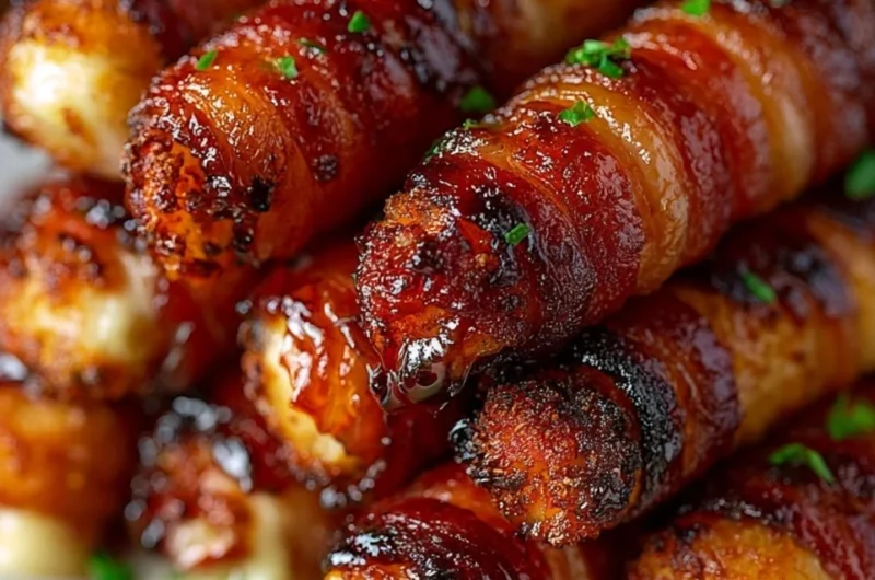 Crispy bacon-wrapped mozzarella sticks arranged on a platter