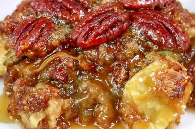 Delicious slice of Dixie's Pecan Pie Cobbler with a golden crust and pecans
