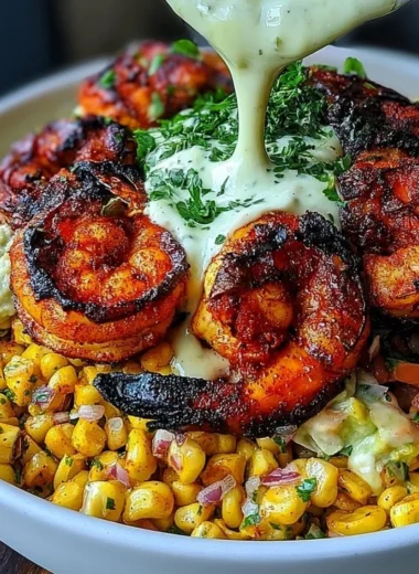 Easy grilled shrimp bowl with avocado and corn salsa