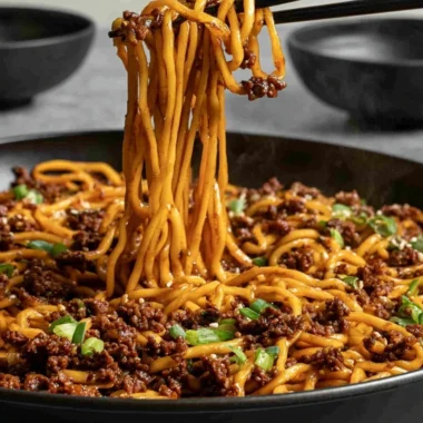 Bowl of easy Mongolian ground beef noodles topped with green onions