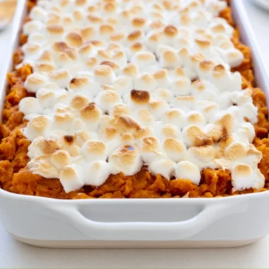 Delicious easy sweet potato casserole topped with marshmallows and pecans