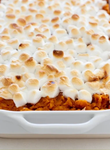 Delicious easy sweet potato casserole topped with marshmallows and pecans