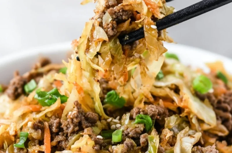 Bowl of egg roll ingredients with vibrant vegetables and protein, ready to serve.