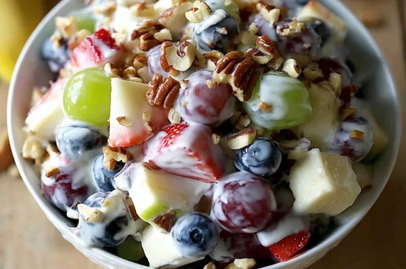 Fruit salad with honey yogurt dressing in a colorful bowl