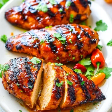 Grilled chicken breasts glazed with peach preserves and spicy chili garlic sauce