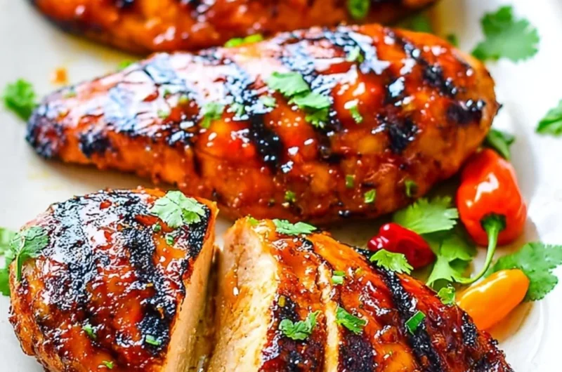 Grilled chicken breasts glazed with peach preserves and spicy chili garlic sauce